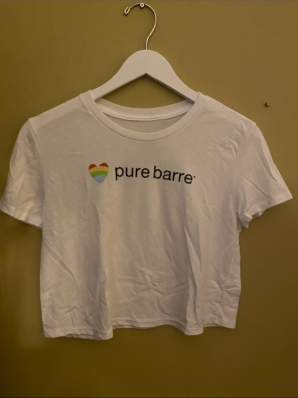 Pure Barre White Crop Tee with Rainbow Heart Logo -Small